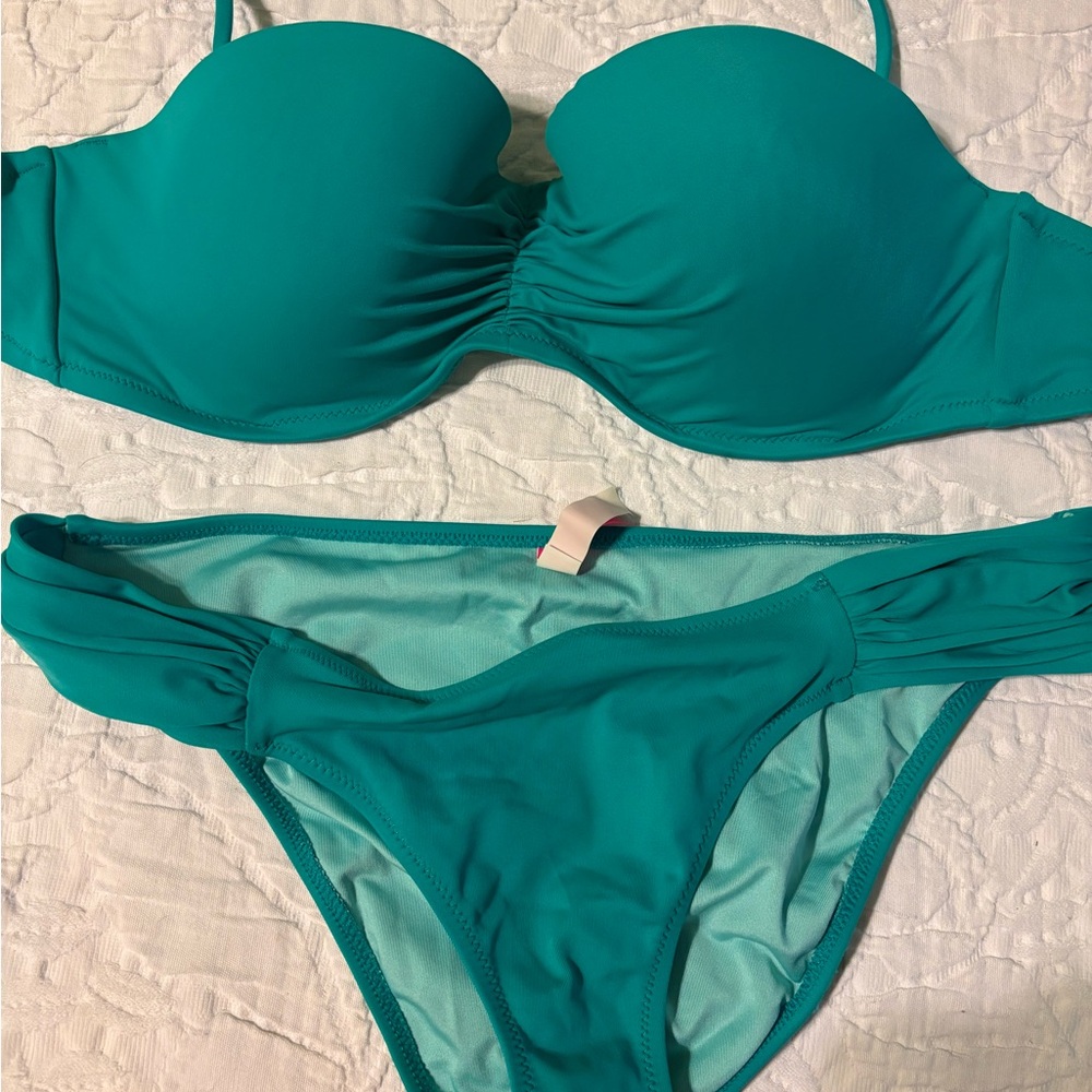 Victoria’s Secret Teal Women's Swimwear Set— convertible bandeau top